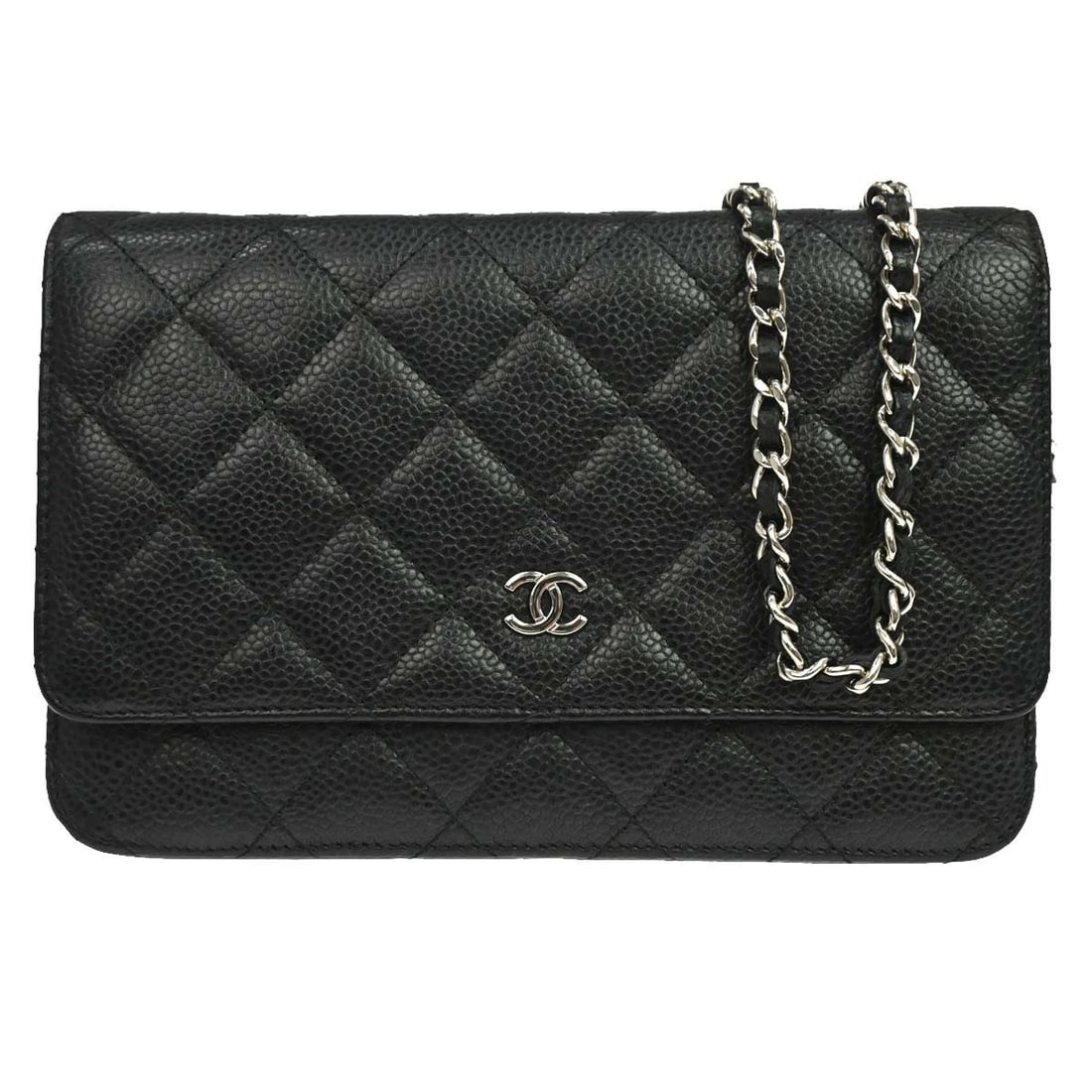 CHANEL Classic WOC Wallet Black Caviar Skin Leather Chain Strap: CHANEL Classic WOC Wallet Black Caviar Skin Leather Chain Strap Chanel Classic WOC wallet on chain in black caviar skin leather with a folding design. This women's wallet features an exterior pocket a
