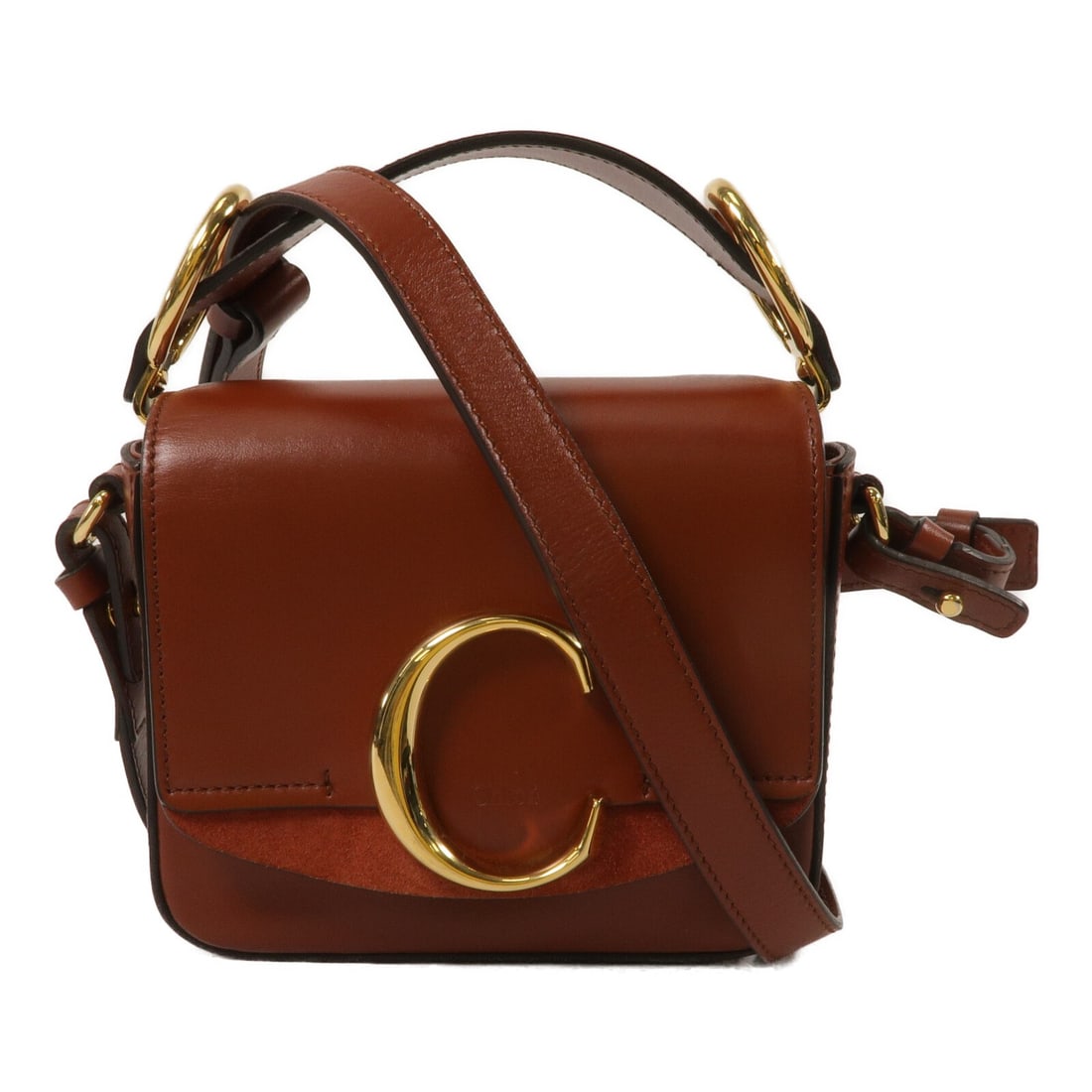 Chloe Mini C brown calfskin 2way shoulder bag with strap: Chloe Mini C brown calfskin 2way shoulder bag with strap Chloe Mini C 2-way shoulder bag in brown calfskin leather. This women's bag features a structured compact silhouette with a top handle and a de