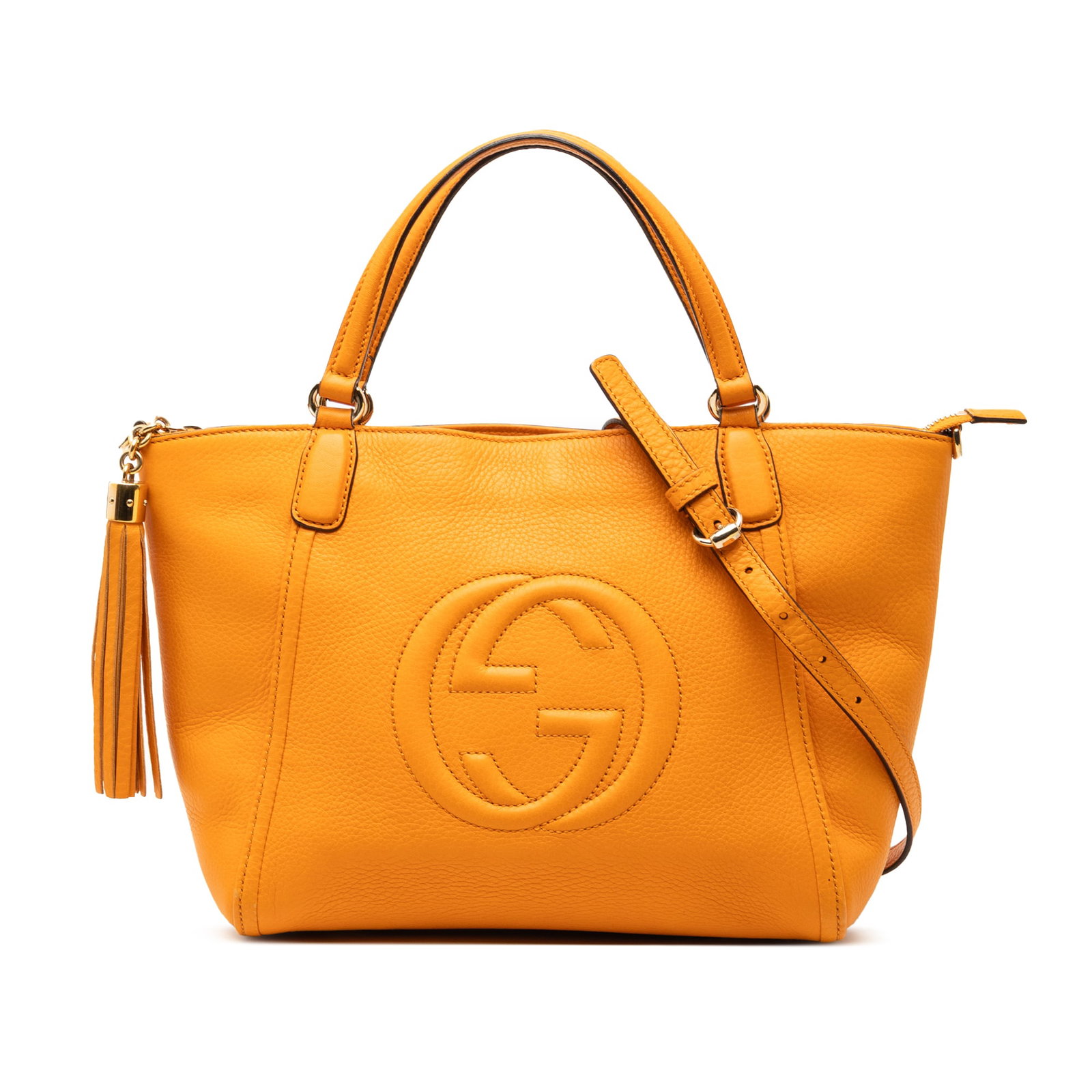 Gucci Soho Cellarius yellow leather satchel: Gucci Soho Cellarius yellow leather satchel This Gucci Small Calfskin Soho Cellarius Satchel is crafted from yellow leather and features flat leather handles, a detachable flat strap, a top zip closur