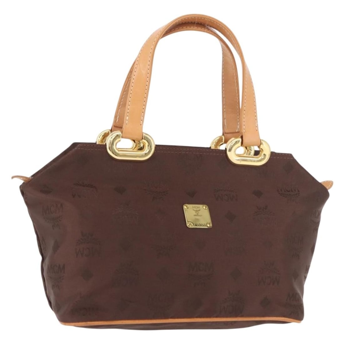 MCM Vicetos Logogram Nylon Handbag Brown Gold: MCM Vicetos Logogram Nylon Handbag Brown Gold MCM Vicetos logogram hand bag in brown and gold nylon, made in Germany. This women's hand bag has a structured shape with a handle drop of approximately 5