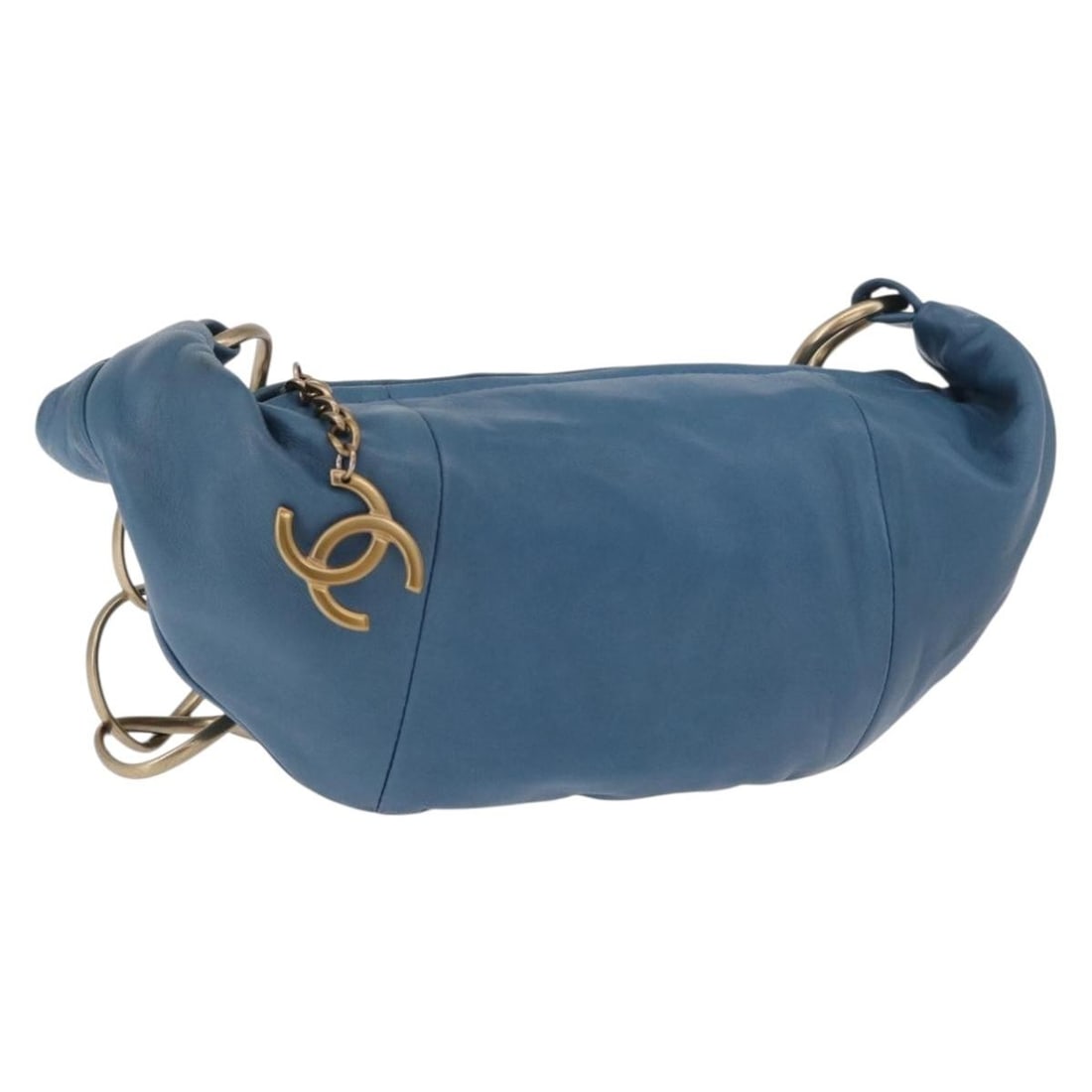 CHANEL Blue Lambskin Shoulder Bag with Gold CC Chain: CHANEL Blue Lambskin Shoulder Bag with Gold CC Chain Chanel shoulder bag in blue lamb skin with a chain strap and CC detail. Made in Italy, this women's bag includes a dust bag. Condition is AB/very g