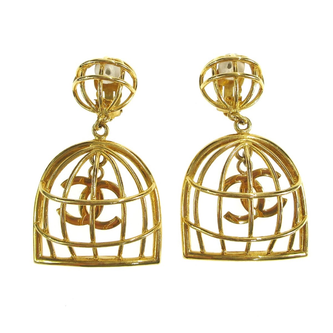 Chanel 93P Gold Plated Birdcage Clip On Dangle Earrings (1 of 4)