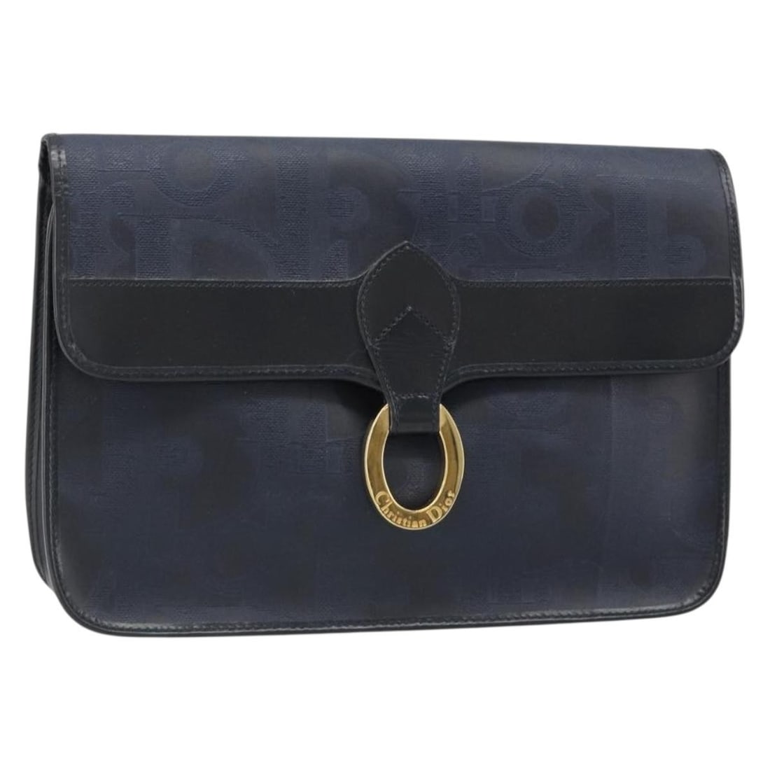 Christian Dior Trotter Vintage Clutch Bag Navy Gold PVC Leather: Christian Dior Trotter Vintage Clutch Bag Navy Gold PVC Leather Vintage Christian Dior Trotter canvas clutch bag in navy and gold with PVC leather trim. Made in France, this women's clutch shows heavy