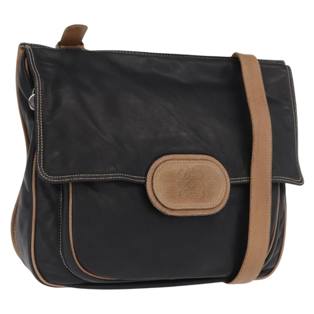 Loewe Black Leather Anagram Shoulder Bag Spain: Loewe Black Leather Anagram Shoulder Bag Spain This LOEWE Anagram shoulder bag is crafted from black leather and features a structured silhouette. The bag shows significant signs of use, including sur