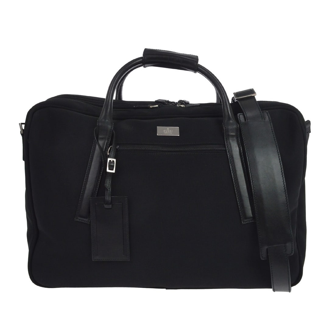 Gucci 2way Black Nylon Canvas Travel Bag with Strap and Nametag: Gucci 2way Black Nylon Canvas Travel Bag with Strap and Nametag Vintage Gucci 2way travel bag in black nylon canvas with leather trim. This extra large top handle bag includes a detachable shoulder st