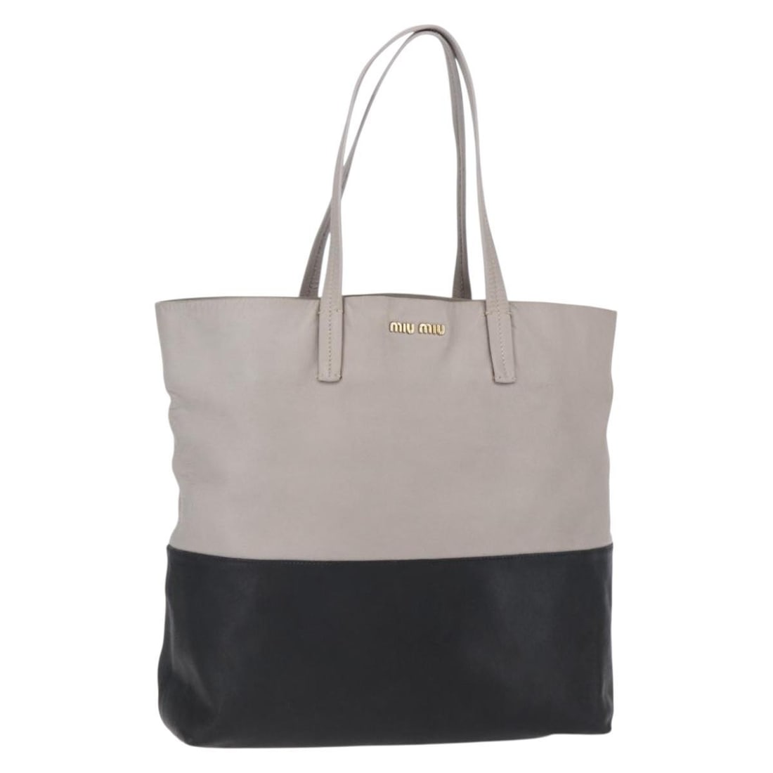 Miu Miu BA8020 black gray leather tote bag: Miu Miu BA8020 black gray leather tote bag Authentic Miu Miu tote bag in black and gray leather. This women's tote has a heavily used condition with visible wear throughout, including an out-of-shape 
