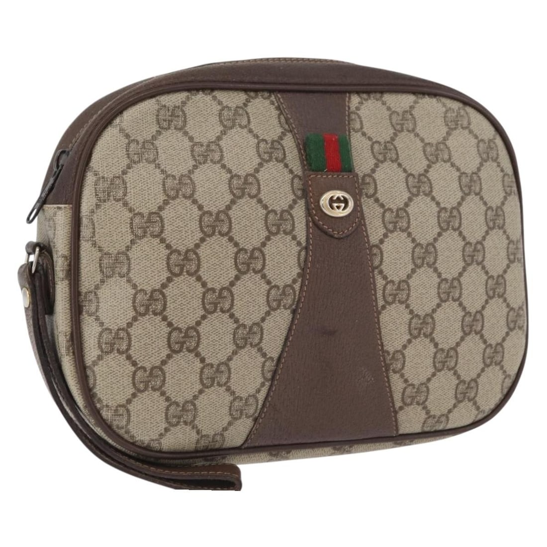 Gucci GG Supreme Web Beige Gold PVC Clutch Bag 156 01 034: Gucci GG Supreme Web Beige Gold PVC Clutch Bag 156 01 034 This is a GUCCI GG Supreme Web Sherry Line clutch bag crafted from beige and gold PVC leather with GG canvas accents. Made in Italy, this wome