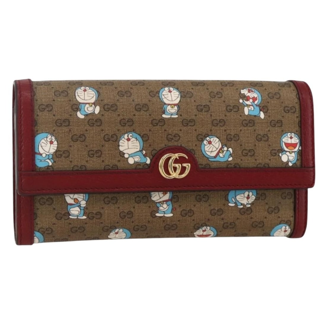 GUCCI Doraemon 647786 long wallet in beige gold Micro GG PVC: GUCCI Doraemon 647786 long wallet in beige gold Micro GG PVC Gucci Doraemon long wallet in beige and gold Micro GG Supreme PVC leather. Includes dust bag and item box. This heavily used wallet shows s