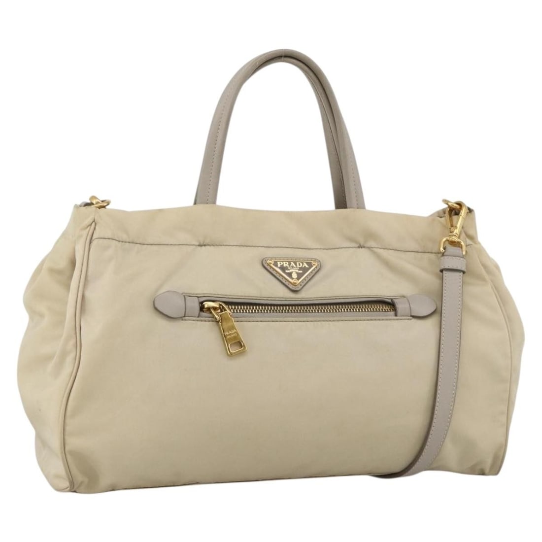 PRADA 2way Nylon Handbag Beige Gold with Shoulder Strap: PRADA 2way Nylon Handbag Beige Gold with Shoulder Strap Prada women's 2-way handbag in beige and gold nylon with top handles and a detachable shoulder strap. Made in Italy, this bag can be carried by 