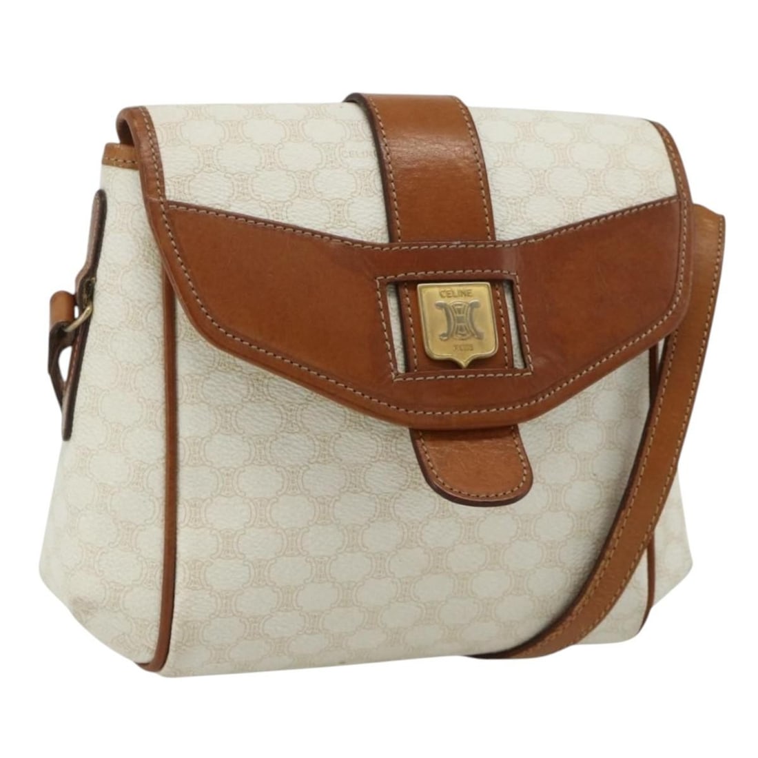 CELINE Macadam Canvas White Gold Shoulder Bag PVC Leather: CELINE Macadam Canvas White Gold Shoulder Bag PVC Leather This CELINE Macadam shoulder bag features a white and gold PVC leather exterior with the signature Macadam canvas design. The bag is designed 