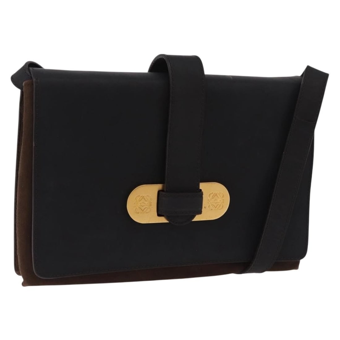 LOEWE suede shoulder bag dark brown with gold tone accents: LOEWE suede shoulder bag dark brown with gold tone accents Authentic LOEWE shoulder bag in dark brown suede with gold-tone accents. This women's bag has a slim profile and includes only the item shown