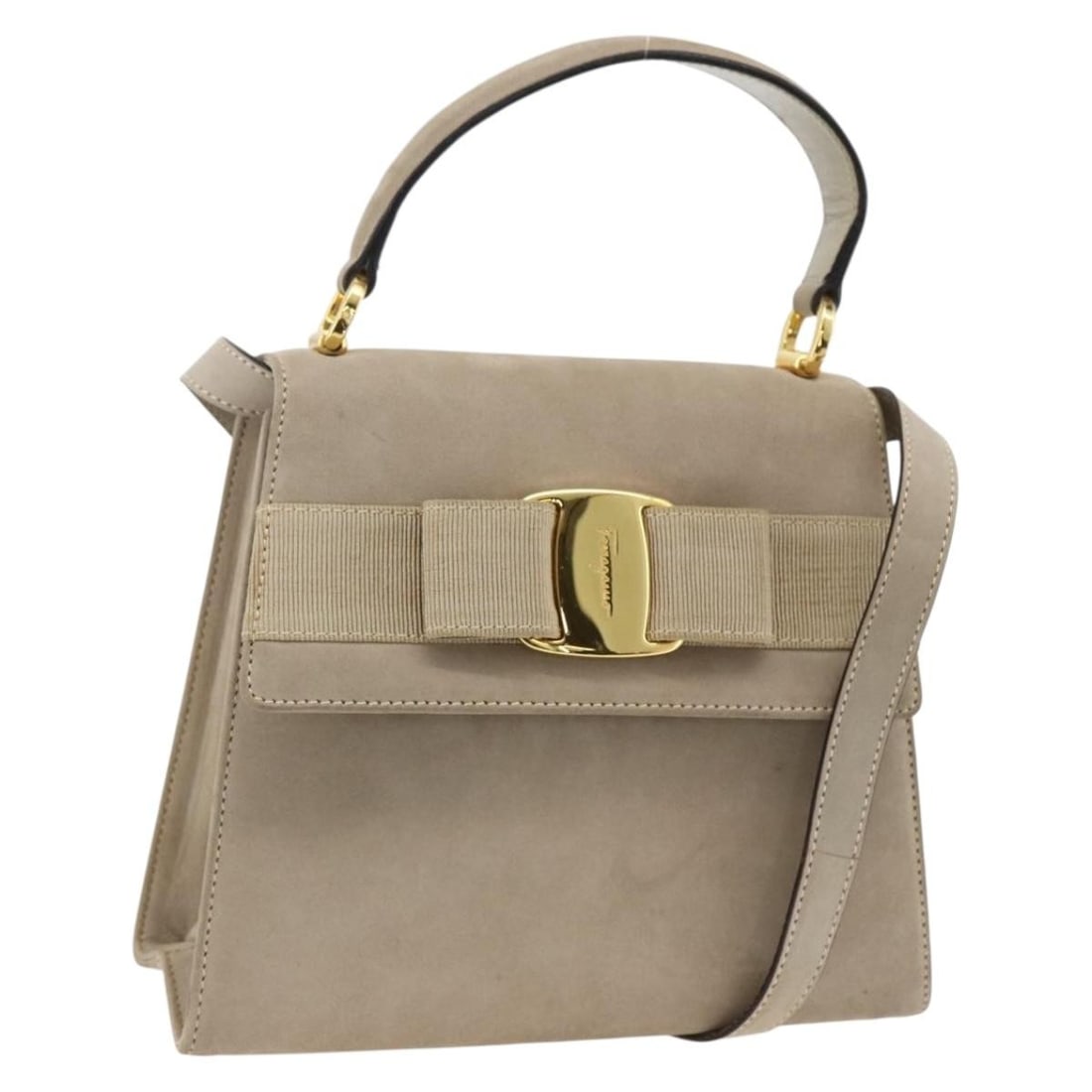 Salvatore Ferragamo Vala suede beige gold handbag with shoulder strap: Salvatore Ferragamo Vala suede beige gold handbag with shoulder strap This Salvatore Ferragamo Vala handbag is crafted from beige suede with gold-tone accents. Designed as a 2-way bag, it includes bot