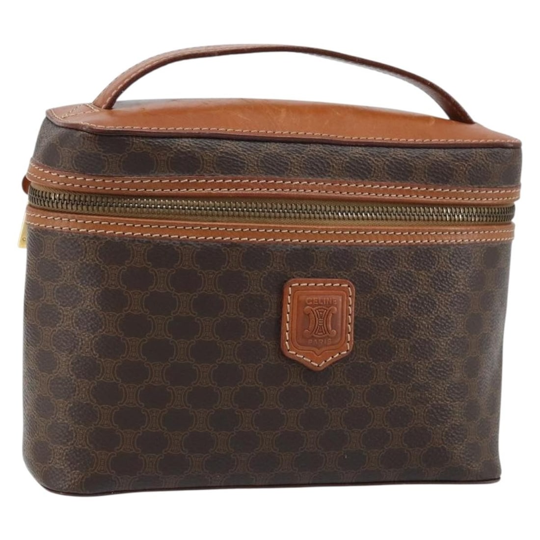 CELINE Macadam Vanity Hand Bag Brown PVC Leather Canvas: CELINE Macadam Vanity Hand Bag Brown PVC Leather Canvas Celine Macadam canvas vanity hand bag in brown with gold-tone accents, crafted with PVC leather and made in Italy. This women's bag includes onl