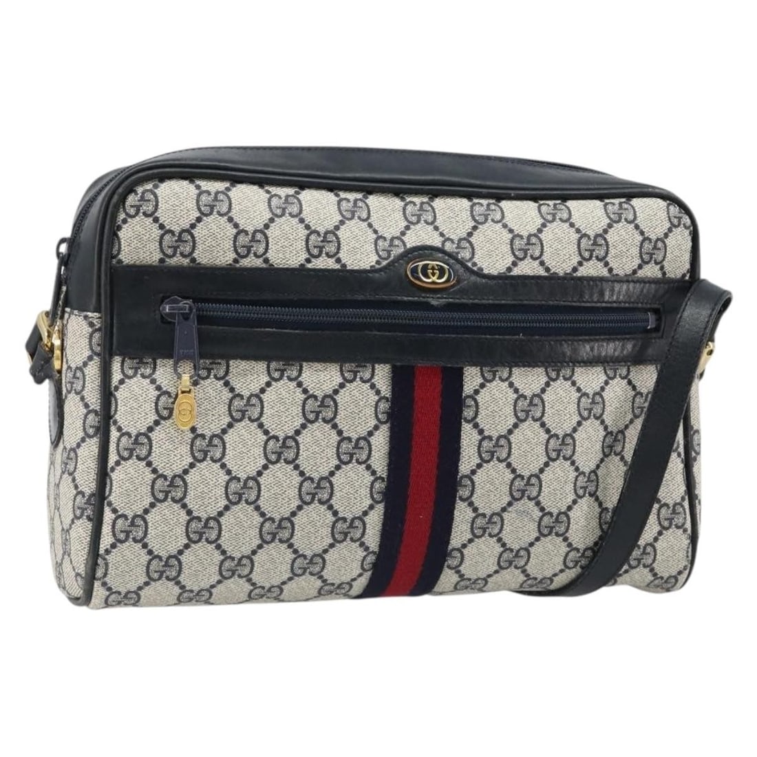 Gucci Sherry Line GG Supreme PVC Leather Shoulder Bag Navy Gold: Gucci Sherry Line GG Supreme PVC Leather Shoulder Bag Navy Gold Authentic Gucci GG Supreme Sherry Line shoulder bag in navy and gold PVC leather with GG canvas. Made in Italy for women, this shoulder 