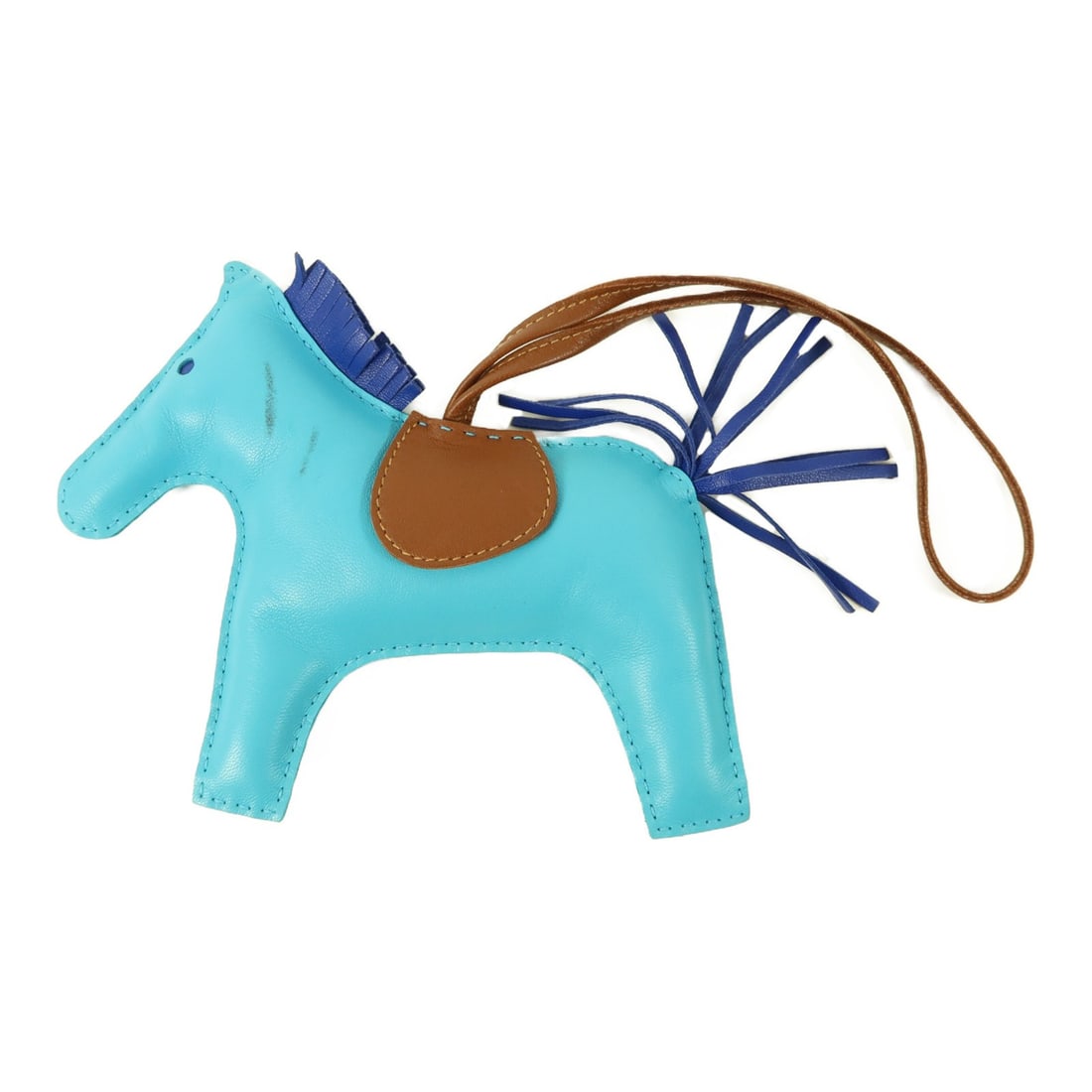 HERMES Rodeo GM lambskin charm blue brown France: HERMES Rodeo GM lambskin charm blue brown France Hermes Rodeo GM charm made from Agneau Milo and lambskin (sheep leather) in a blue, brown, blue/gold/dark blue color combination. It is a women's regul