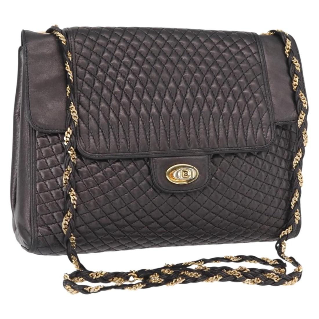 Bally Black and Gold Leather Chain Shoulder Bag from Italy: Bally Black and Gold Leather Chain Shoulder Bag from Italy This BALLY chain shoulder bag features black leather with gold-tone accents. Made in Italy, the bag offers a classic shoulder style with an a