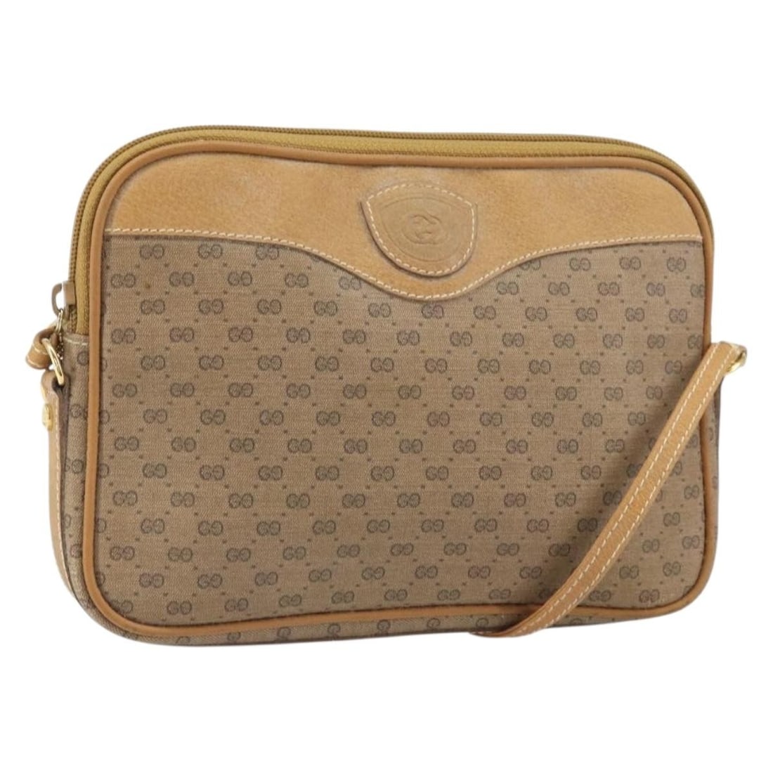Beige Gold Micro GG Supreme PVC Shoulder Bag by Gucci: Beige Gold Micro GG Supreme PVC Shoulder Bag by Gucci This is a Gucci Micro GG Supreme shoulder bag crafted from beige and gold PVC leather with micro small GG canvas accents. Designed for women, it f