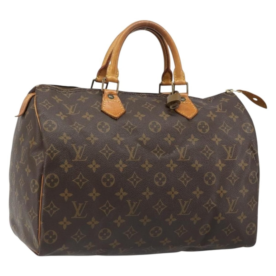 Louis Vuitton M41524 Speedy 35 Monogram Canvas Handbag: Louis Vuitton M41524 Speedy 35 Monogram Canvas Handbag Louis Vuitton Speedy 35 handbag in Monogram canvas, made in France. This women's handbag includes a padlock and one key. Condition is heavily use