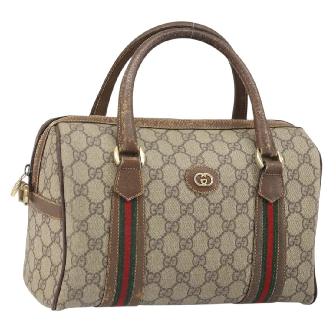 Gucci Beige GG Supreme Web Sherry Line PVC Handbag 002 115 6697 4023: Gucci Beige GG Supreme Web Sherry Line PVC Handbag 002 115 6697 4023 This GUCCI GG Supreme Web Sherry Line handbag features a beige and gold exterior crafted from PVC leather and GG canvas. Designed f