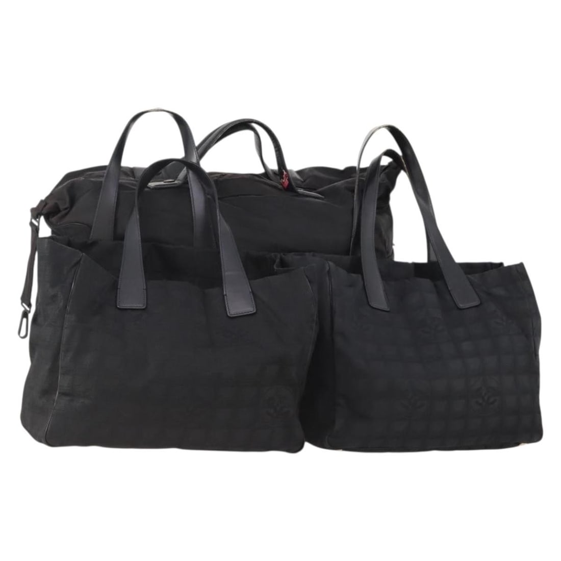 3 Piece Black Nylon Tote Bag Set CHANEL New Travel Line: 3 Piece Black Nylon Tote Bag Set CHANEL New Travel Line CHANEL Travel Line tote bag in black nylon, made in Italy. This special set sale includes a Guarantee Card. The item is heavily used and shows s