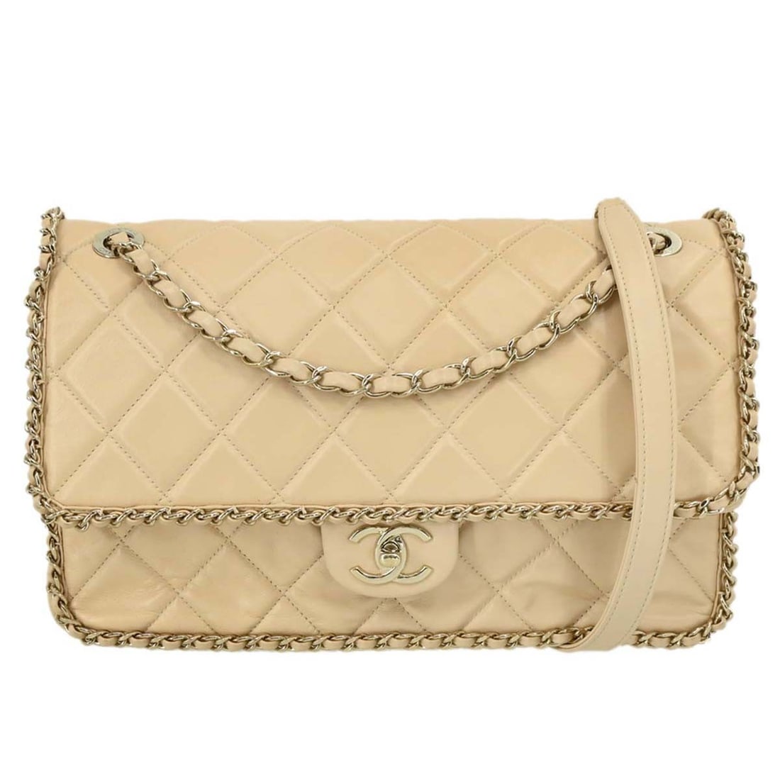 CHANEL Classic Flap Jumbo Beige Lambskin Shoulder Bag: CHANEL Classic Flap Jumbo Beige Lambskin Shoulder Bag Chanel Classic Flap Jumbo double chain shoulder bag in beige with a matelasse quilted design and flap turnlock closure. Crafted in lambskin and fi