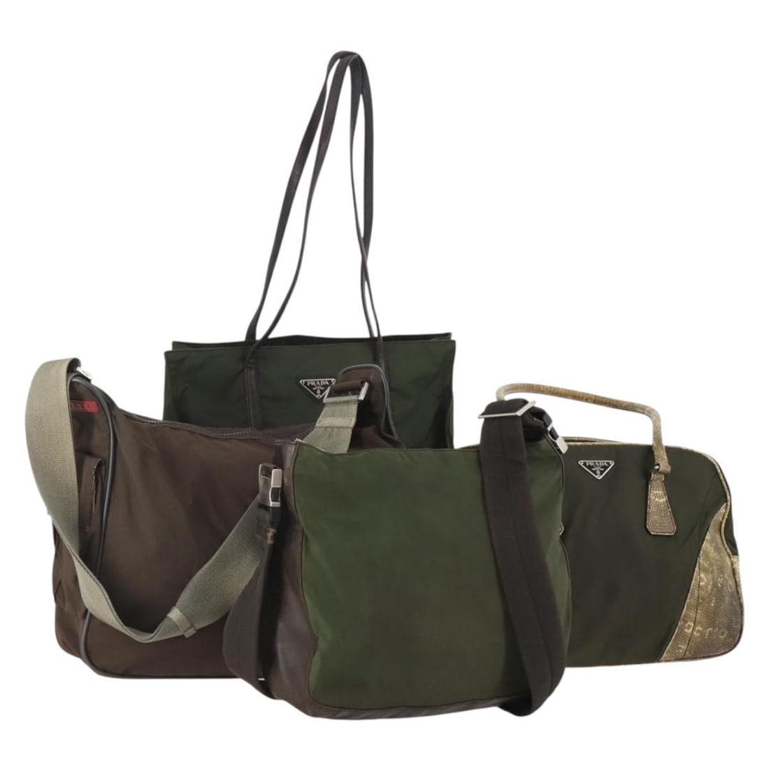 PRADA nylon shoulder bag set of 4 khaki brown with padlock keys: PRADA nylon shoulder bag set of 4 khaki brown with padlock keys Set of four Prada shoulder bags in khaki and brown nylon. This bundle includes padlock, two keys, and a clochette. Made in Italy. Condit