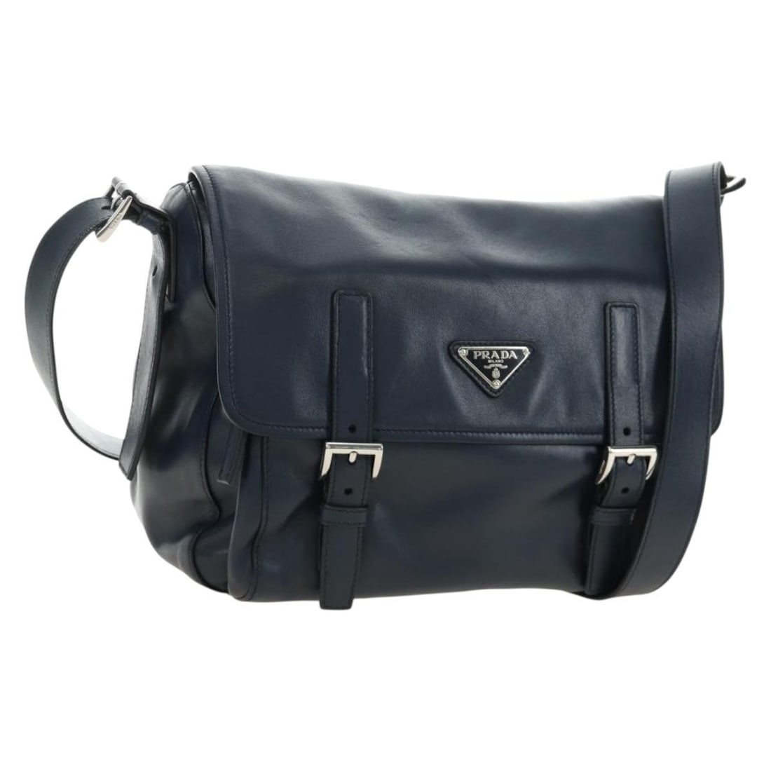 Prada Navy Leather Shoulder Bag with Dust Bag Guarantee Card: Prada Navy Leather Shoulder Bag with Dust Bag Guarantee Card Prada shoulder bag in navy leather with silver-tone accents. Made in Italy, this women's bag includes a dust bag and guarantee card. Condit