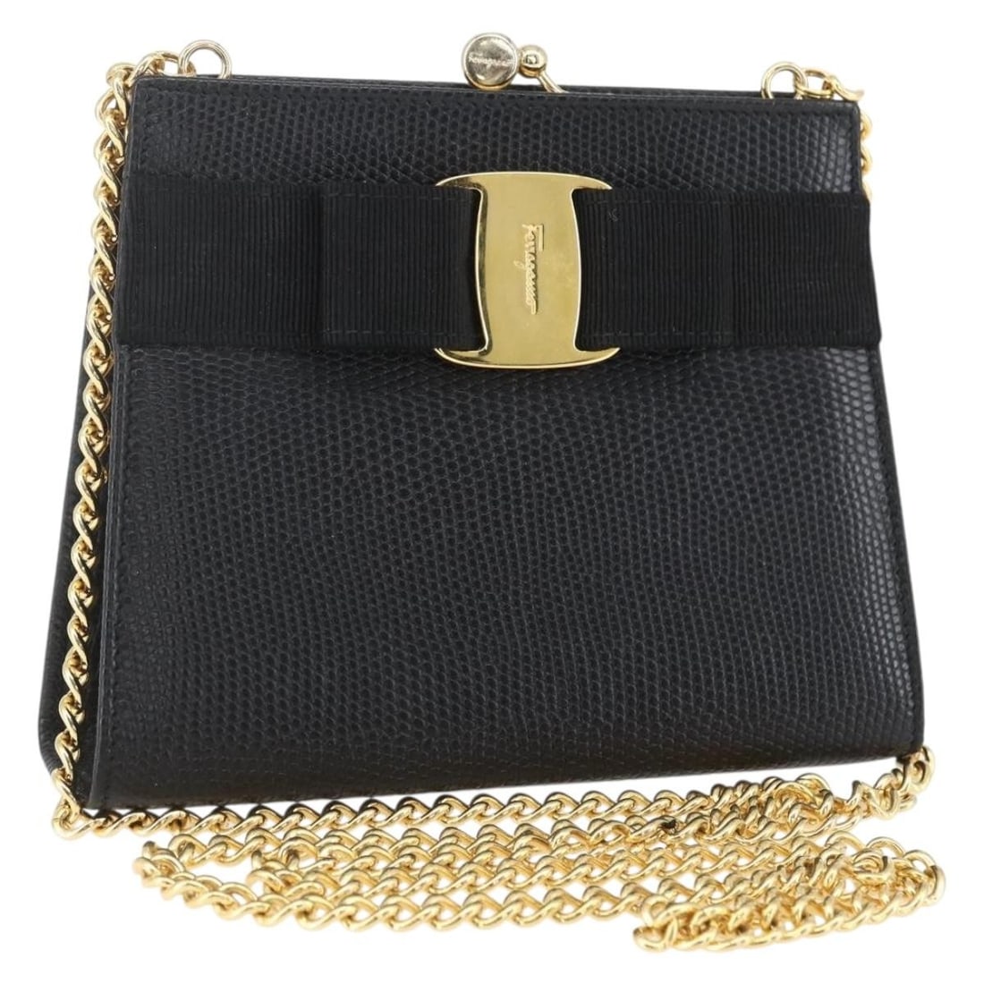 Salvatore Ferragamo Vala Shoulder Bag Leather Black Gold Authentic: Salvatore Ferragamo Vala Shoulder Bag Leather Black Gold Authentic This Salvatore Ferragamo Chain Vala Shoulder Bag is a stylish accessory crafted in Italy. Made from high-quality leather, it features