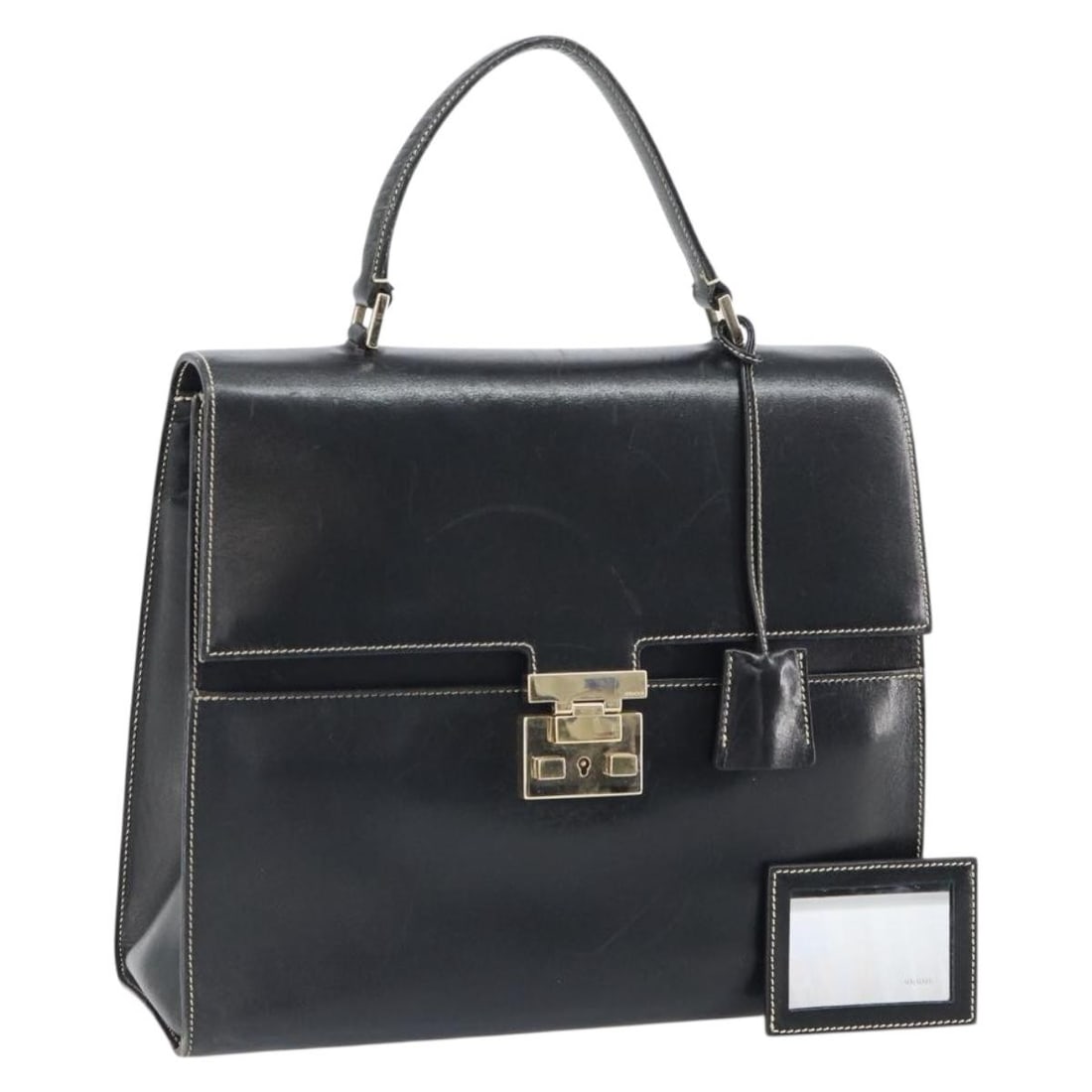 Gucci 000 0857 Black Leather Hand Bag Gold Tone: Gucci 000 0857 Black Leather Hand Bag Gold Tone Gucci women's leather hand bag in black with gold-tone accents, made in Italy. This pre-owned bag shows heavy use with visible wear throughout, includin