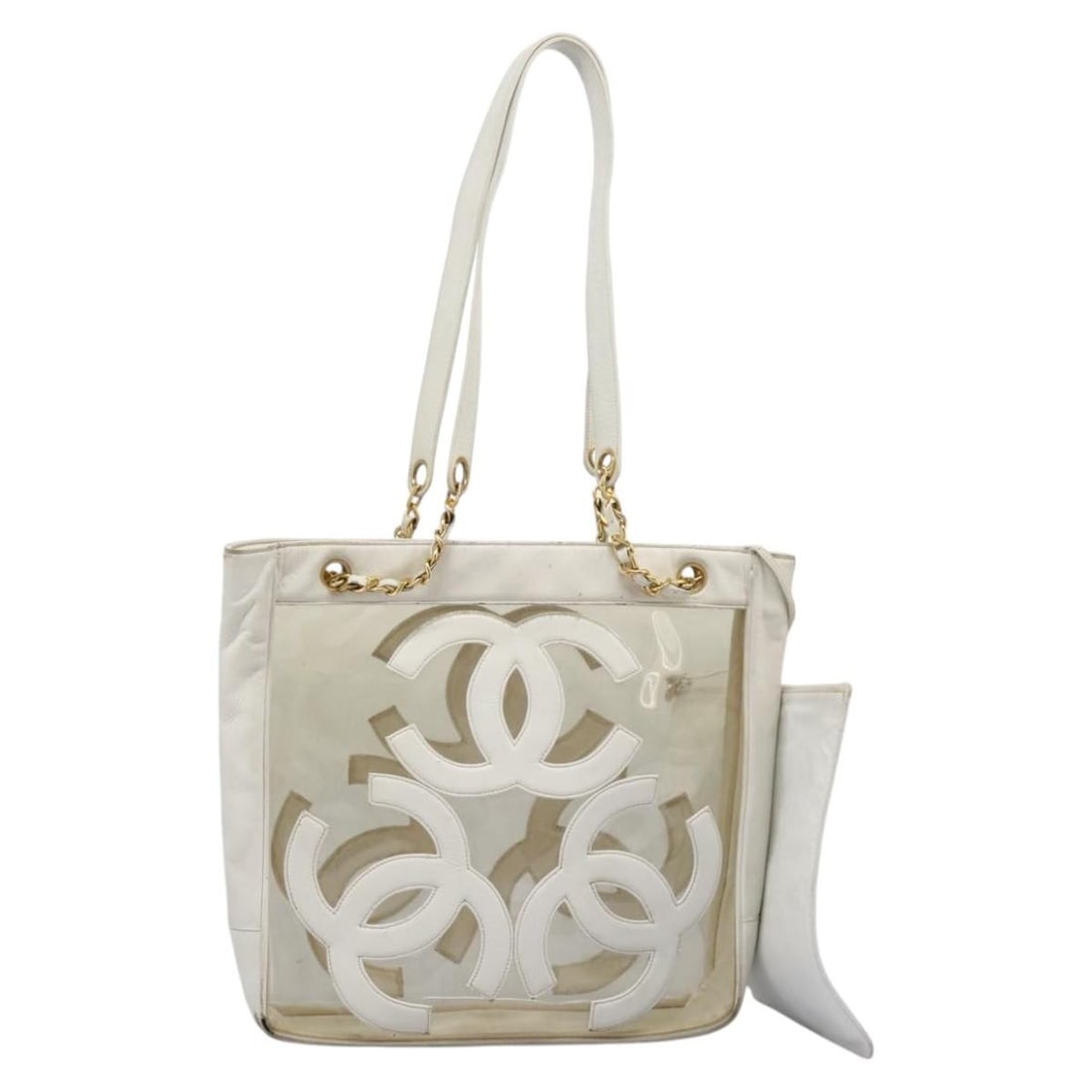 CHANEL Triple Coco Chain Vinyl Tote Bag White Gold with Pouch: CHANEL Triple Coco Chain Vinyl Tote Bag White Gold with Pouch Chanel triple Coco chain tote bag in white and gold vinyl with leather trim. This women's tote includes a pouch and was made in Italy. Con