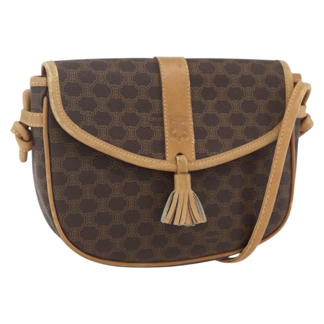 CELINE Macadam Shoulder Bag Brown PVC Leather Gold Tone: CELINE Macadam Shoulder Bag Brown PVC Leather Gold Tone A CELINE shoulder bag in brown and gold PVC leather and Macadam canvas, made in Italy. The bag measures approximately 18 cm wide, 14 cm high, an