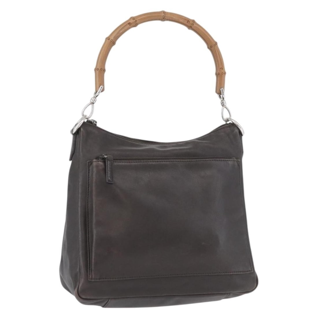 Gucci Brown Leather Bamboo Handle Handbag Silver Hardware Italy: Gucci Brown Leather Bamboo Handle Handbag Silver Hardware Italy This GUCCI Bamboo handbag features a classic design crafted from brown leather with silver-tone accents. Made in Italy, it offers a stru