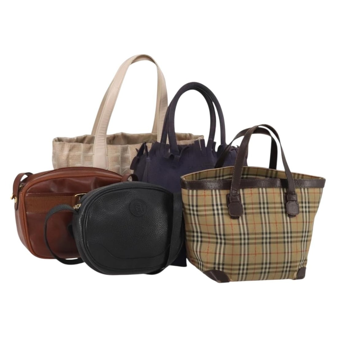 5 Bag Shoulder Set Salvatore Ferragamo Leather with Dust Bag Pouch: 5 Bag Shoulder Set Salvatore Ferragamo Leather with Dust Bag Pouch Special set sale of five women's shoulder bags. The title references Salvatore Ferragamo, Chanel, Fendi, and Burberry Novacheck. The 