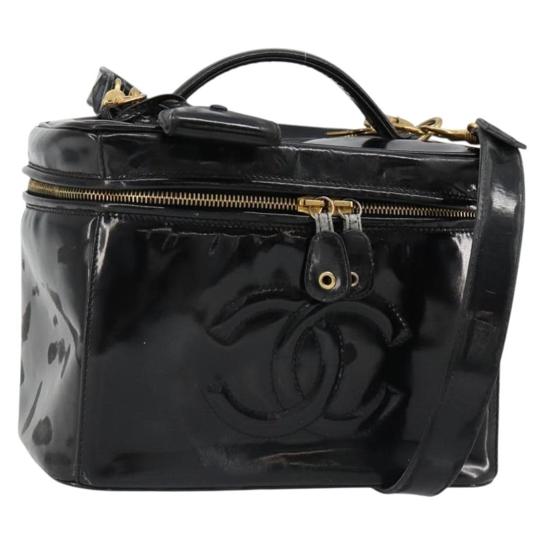 CHANEL Vanity 2 Way Hand Bag Patent Leather Black Gold: CHANEL Vanity 2 Way Hand Bag Patent Leather Black Gold Chanel vanity hand bag in black patent leather with gold-tone detailing and a 2-way design. Made in Italy, this women's bag includes a padlock, t