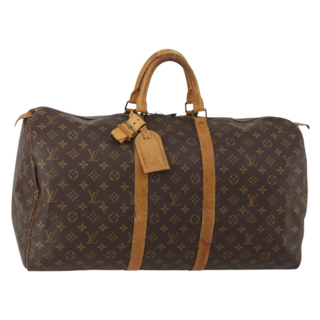 Louis Vuitton M41424 Keepall 55 Monogram Canvas Boston Bag: Louis Vuitton M41424 Keepall 55 Monogram Canvas Boston Bag Authentic Louis Vuitton Keepall 55 Boston bag in Monogram canvas. This women's travel bag includes a name tag and Powanie. Condition is heavi