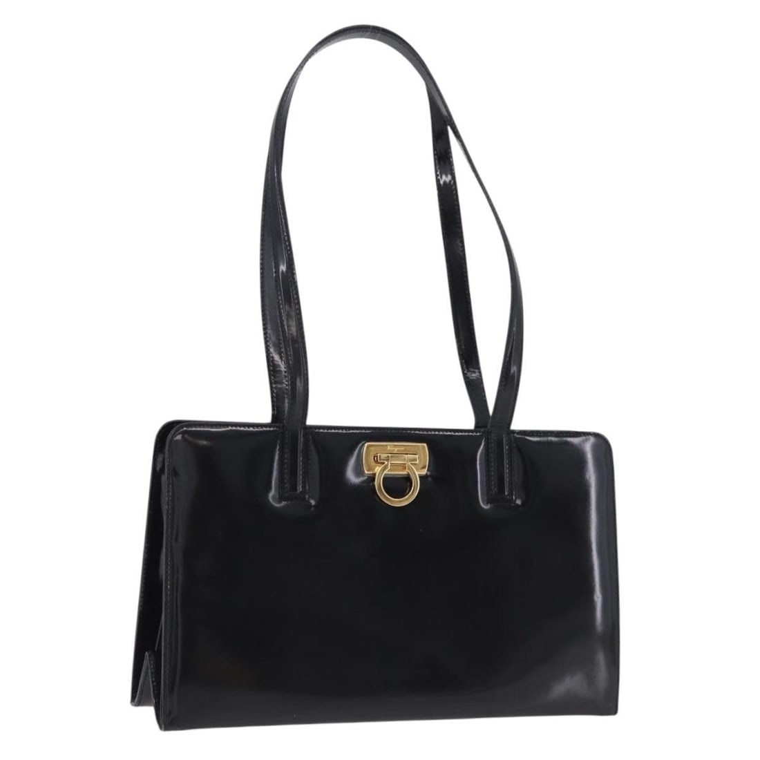 Salvatore Ferragamo Gancini Patent Leather Tote Black Gold: Salvatore Ferragamo Gancini Patent Leather Tote Black Gold Salvatore Ferragamo Gancini tote bag in black patent leather with gold-tone accents. Made in Italy, this women's tote is offered without the 