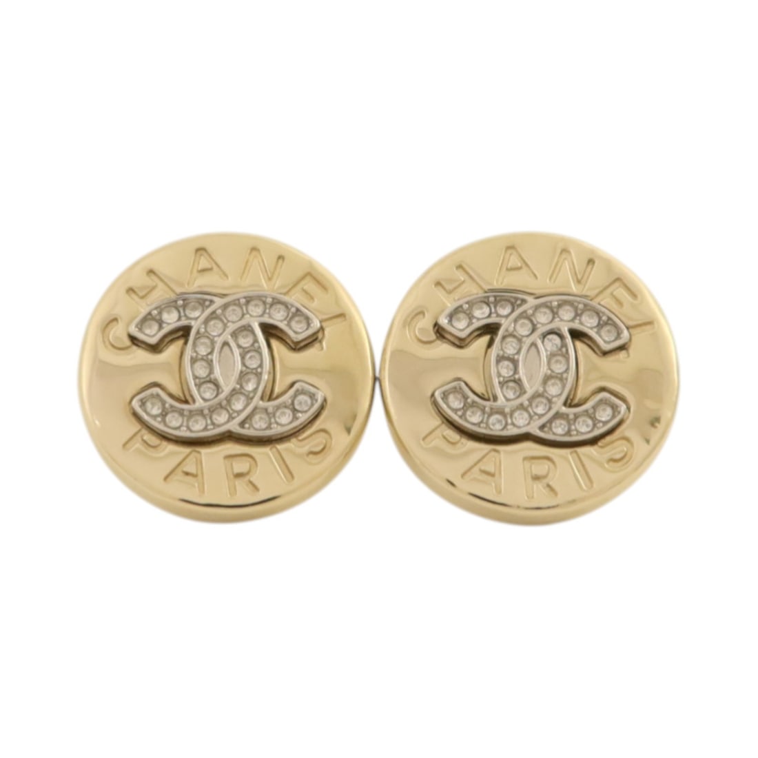 CHANEL B25A CC pierced earrings gold and silver tone metal: CHANEL B25A CC pierced earrings gold and silver tone metal CHANEL CC pierced earrings in metal with a gold and silver-tone appearance. This women's pair includes a storage box and is noted in very goo