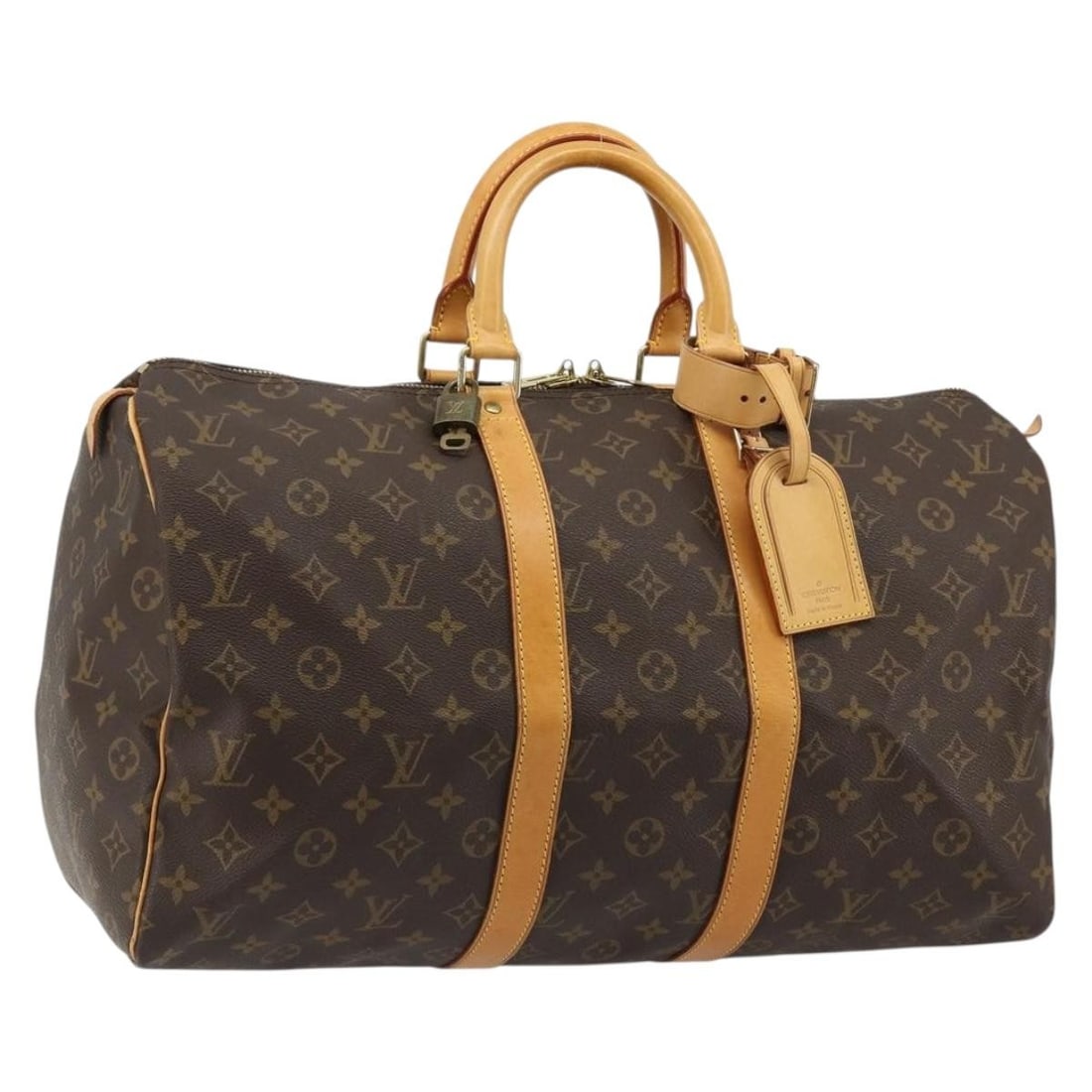 Louis Vuitton M41428 Keepall 45 Monogram Canvas Boston Bag: Louis Vuitton M41428 Keepall 45 Monogram Canvas Boston Bag Louis Vuitton Keepall 45 Boston bag in Monogram canvas, made in France. This women's bag includes a padlock, one key, name tag, and poignee. 