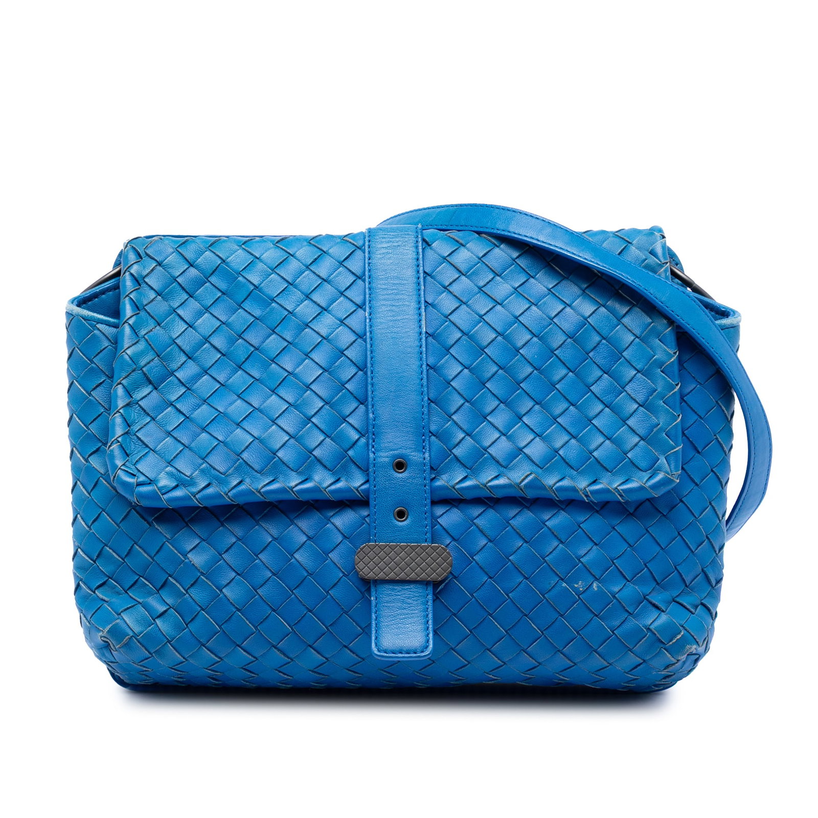 Bottega Veneta Intrecciato Leather Flap Shoulder Bag Blue: Bottega Veneta Intrecciato Leather Flap Shoulder Bag Blue This Bottega Veneta Nappa Intrecciato Double Sided Flap Shoulder Bag features a woven leather body in blue, complemented by a flat leather str