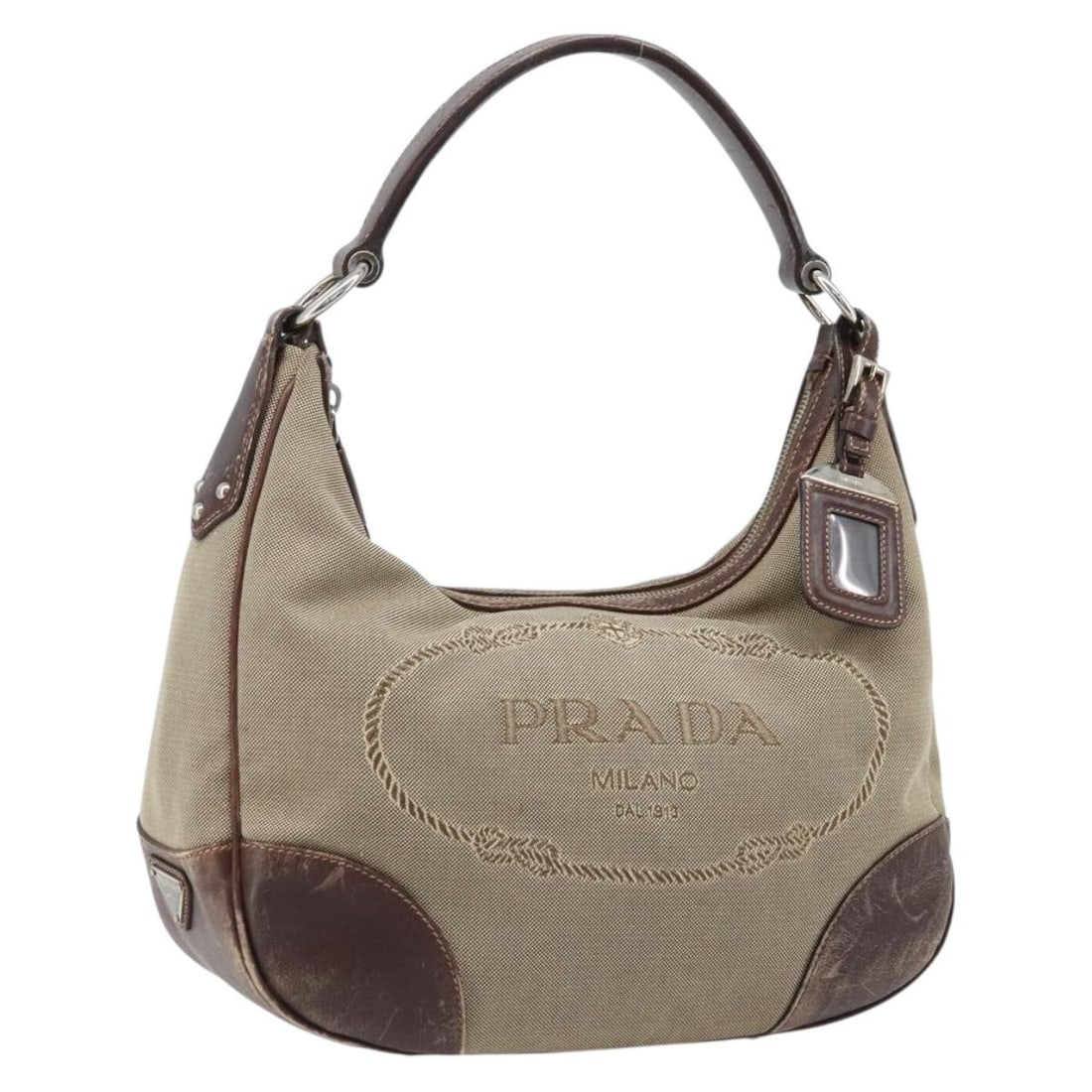 PRADA Canvas Shoulder Bag Beige Silver with Name Tag Card (1 of 18)