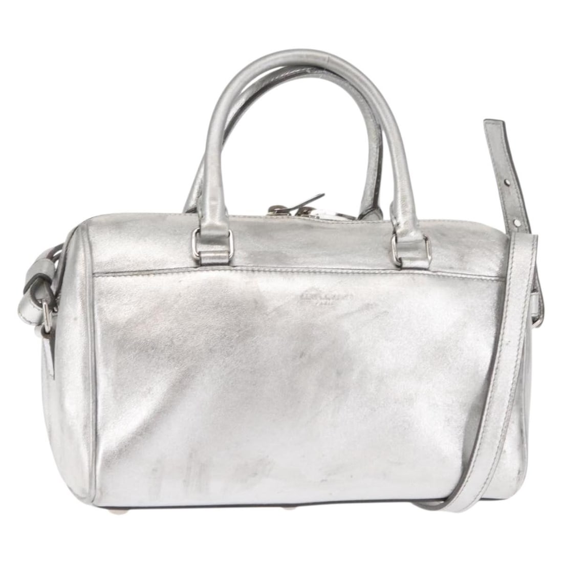 SAINT LAURENT Silver Baby Duffel Mini Boston Bag Leather Italy: SAINT LAURENT Silver Baby Duffel Mini Boston Bag Leather Italy Introducing the SAINT LAURENT Baby Duffel Mini Boston Bag, a chic and stylish accessory crafted from high-quality leather in a