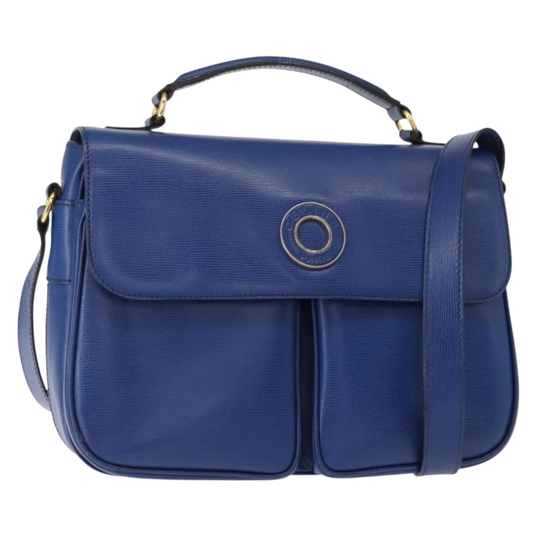 CELINE Blue Gold Leather Circle Shoulder Bag Auth 153882V: CELINE Blue Gold Leather Circle Shoulder Bag Auth 153882V Introducing the CELINE Circle Shoulder Bag, a stylish accessory crafted from high-quality leather in a striking blue and gold color combinatio