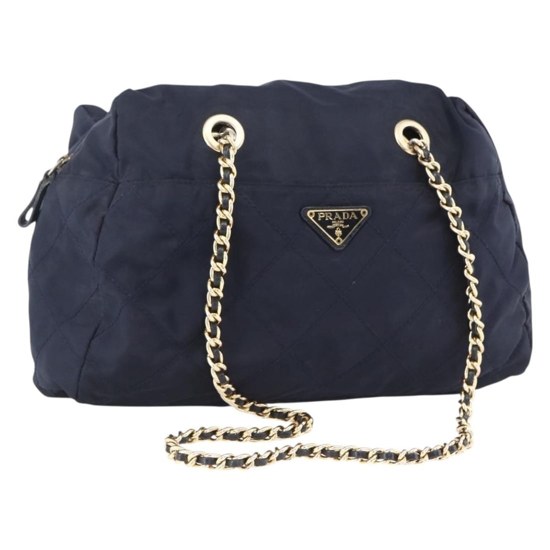 PRADA Nylon Shoulder Bag Navy with Gold Chain Strap: PRADA Nylon Shoulder Bag Navy with Gold Chain Strap Prada chain shoulder bag in navy nylon with gold-tone exterior details. Made in Italy, this women's shoulder bag measures approximately 32 cm W x 21