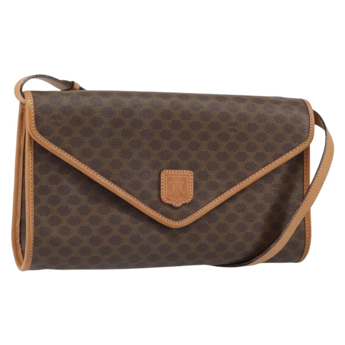 Celine Macadam Brown PVC Shoulder Bag with Gold-Tone Accents: Celine Macadam Brown PVC Shoulder Bag with Gold-Tone Accents This CELINE Macadam shoulder bag features a brown and gold PVC leather and canvas exterior. The bag is made in Italy and has a shoulder str