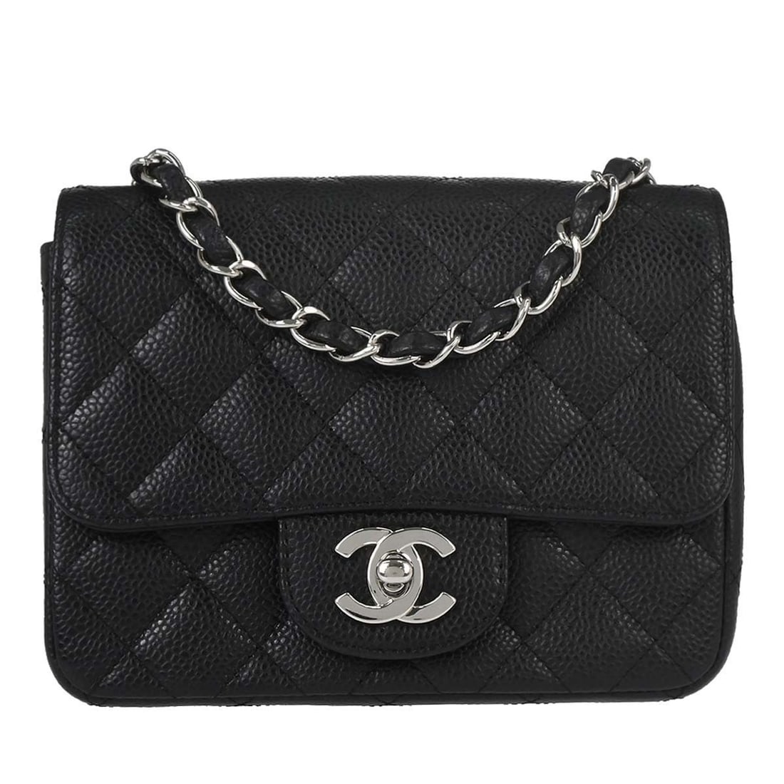 CHANEL Classic Single Flap Mini Shoulder Bag Black Caviar Leather: CHANEL Classic Single Flap Mini Shoulder Bag Black Caviar Leather Chanel Mini Classic Square Flap Shoulder Bag 17 in black caviar skin leather with a turn-lock closure and crossbody strap. This women'