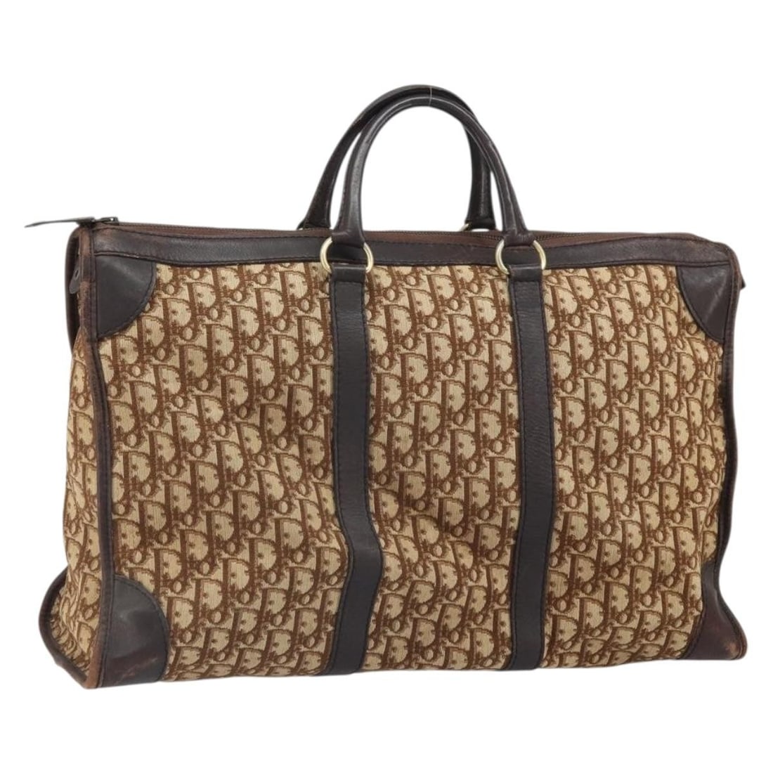 Brown Gold Christian Dior Trotter Canvas Boston Bag Large French Handbag: Brown Gold Christian Dior Trotter Canvas Boston Bag Large French Handbag This Christian Dior Boston bag features the iconic Trotter canvas in brown and gold tones. Made in France, it is designed with 