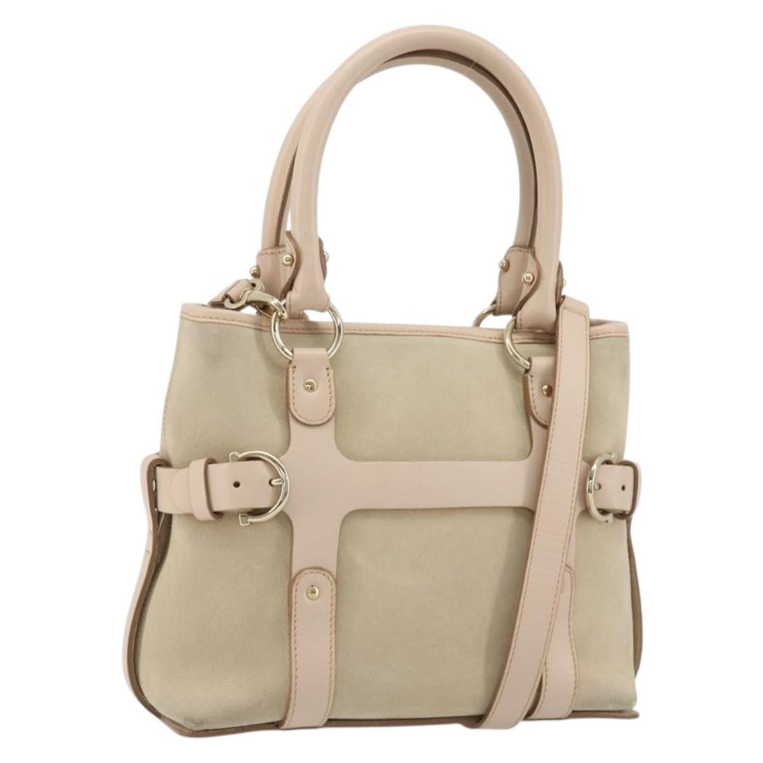Salvatore Ferragamo Beige Suede 2way Handbag with Shoulder Strap: Salvatore Ferragamo Beige Suede 2way Handbag with Shoulder Strap Salvatore Ferragamo 2-way handbag in beige and gold suede with top handles and a detachable shoulder strap. Made in Italy, this women's