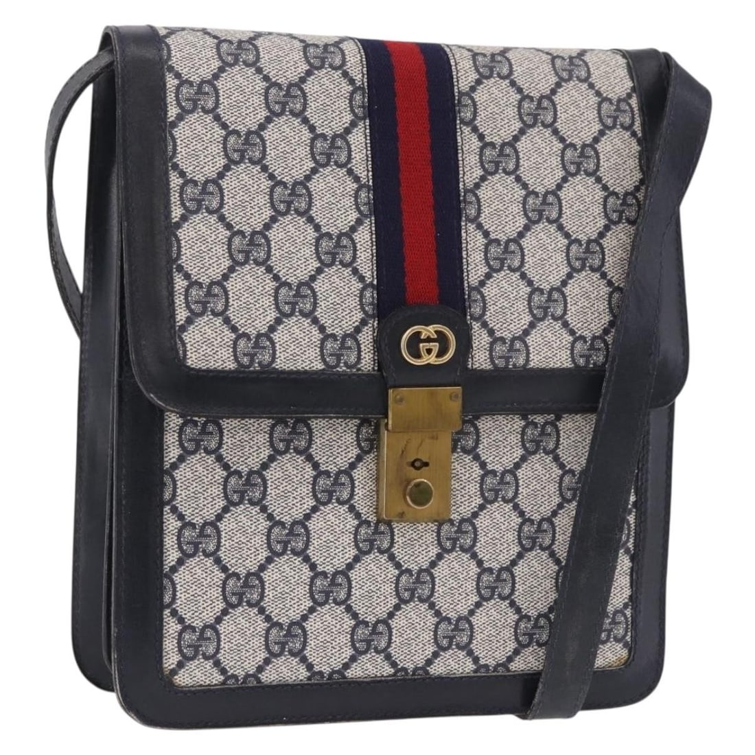 Gucci Sherry Line GG Supreme PVC Shoulder Bag Navy Gold 187772: Gucci Sherry Line GG Supreme PVC Shoulder Bag Navy Gold 187772 Authentic Gucci GG Supreme Sherry Line shoulder bag in navy and gold. This women's bag is made in Italy from PVC leather and GG canvas, a