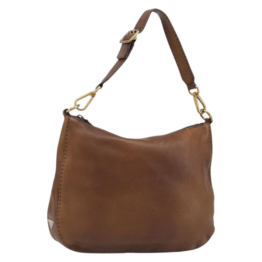 PRADA Leather Shoulder Bag Brown with Dust Bag Made in Italy: PRADA Leather Shoulder Bag Brown with Dust Bag Made in Italy Brown and gold Prada shoulder bag made of leather, crafted in Italy and designed for women. It comes with a dust bag and features an approx