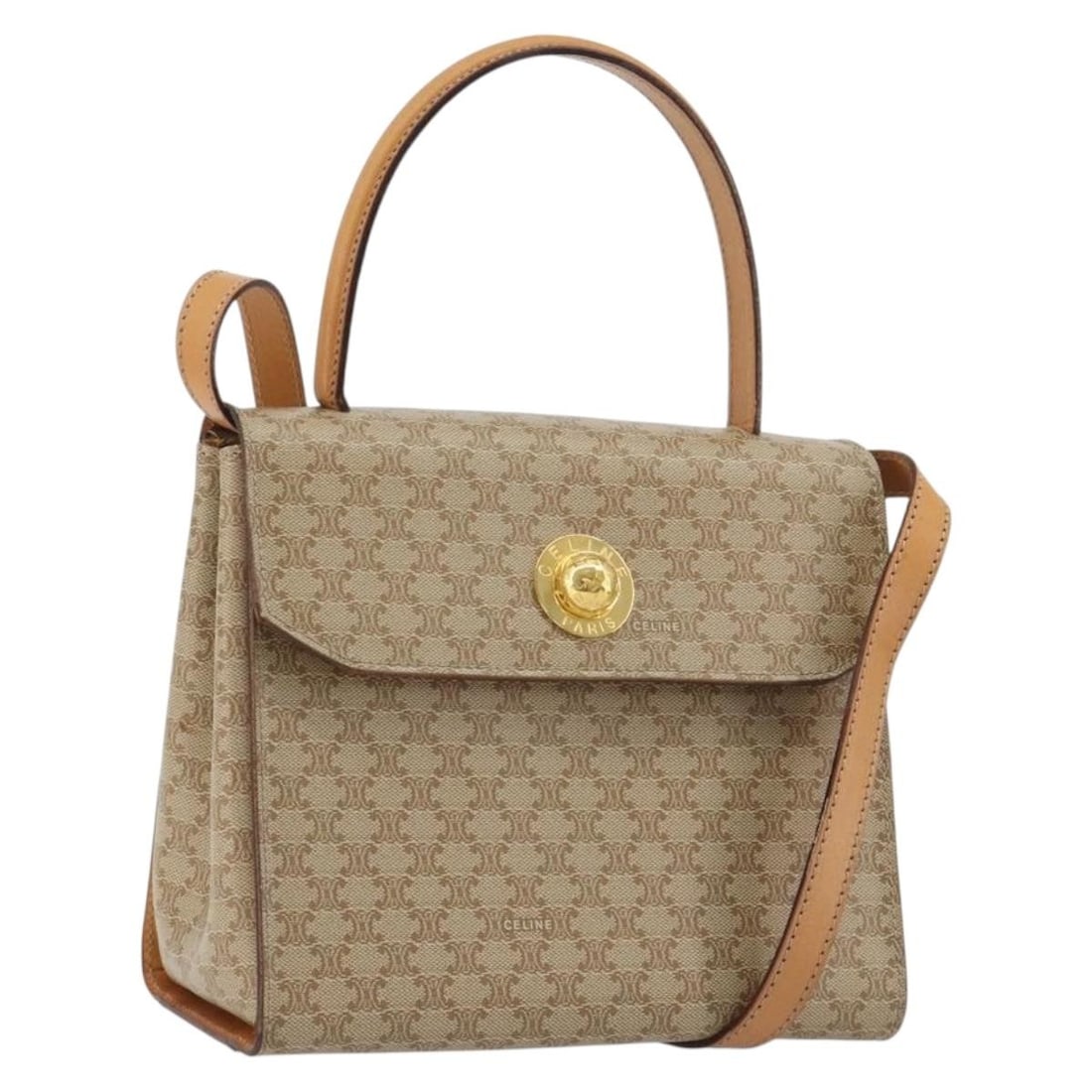 CELINE Star Ball 2way Hand Bag Macadam Canvas PVC Beige Gold: CELINE Star Ball 2way Hand Bag Macadam Canvas PVC Beige Gold Celine Macadam canvas 2-way handbag in beige and gold, crafted from PVC leather with a top handle and detachable shoulder strap. Made in It